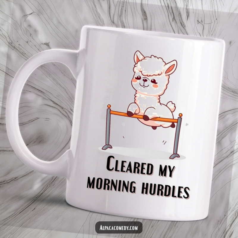 Funny Alpaca Mug: An energetic alpaca excitedly leaping over a small hurdle with a look of pure joy and fun.