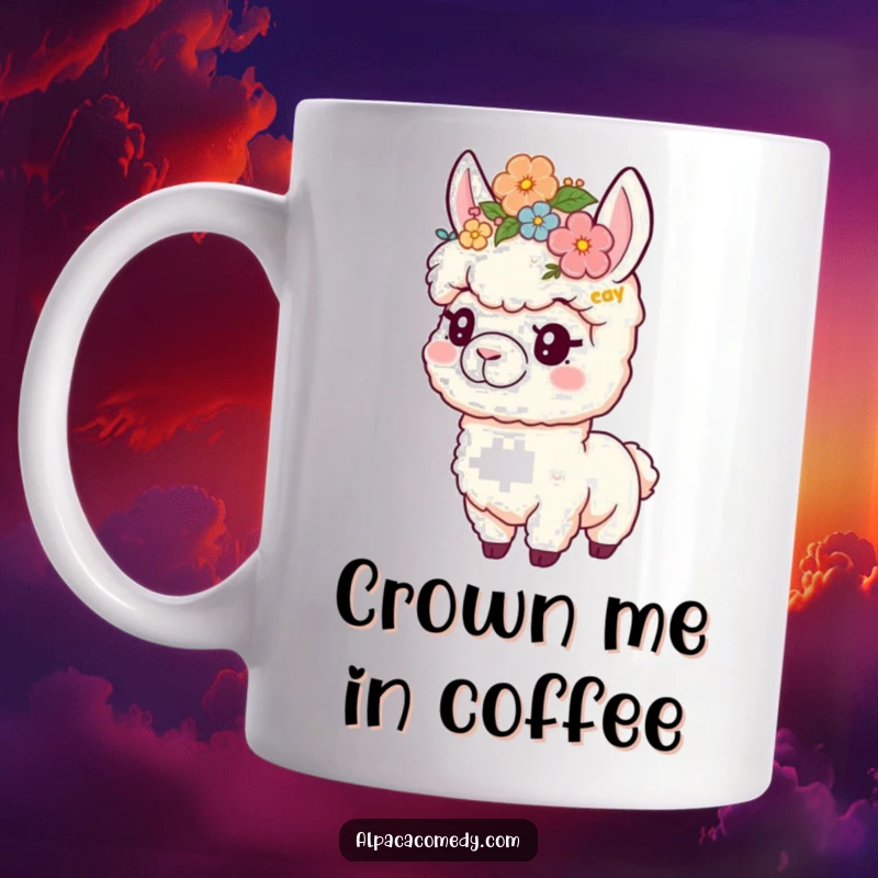 Funny mug featuring a playful alpaca character adorably wearing a colorful flower crown, radiating charm and happiness.