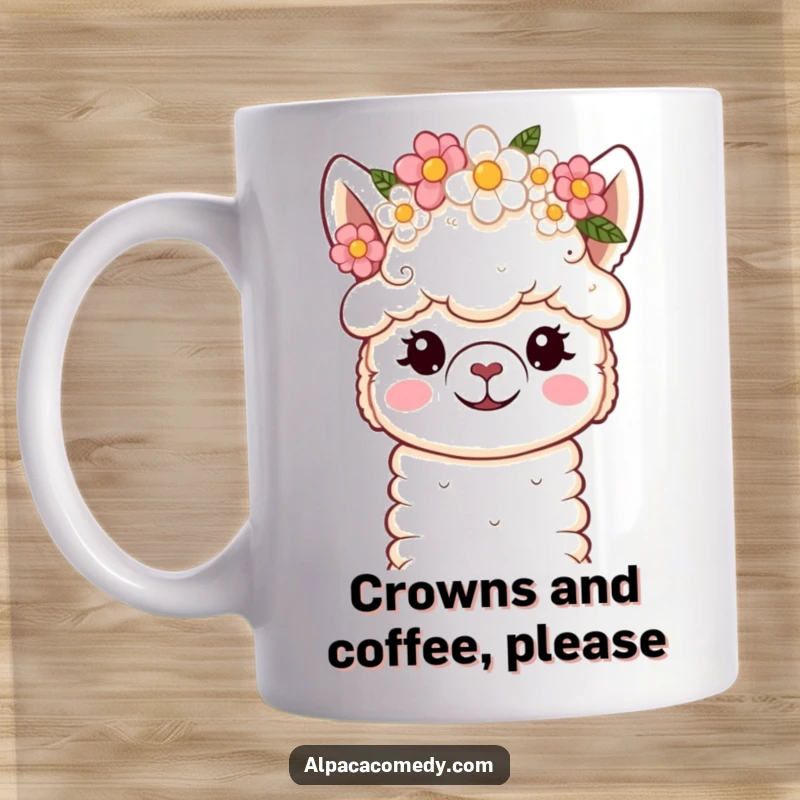 Funny Mug: Sweet kawaii alpaca with soft eyes, happily wearing a beautiful flower crown, radiating calm joy.