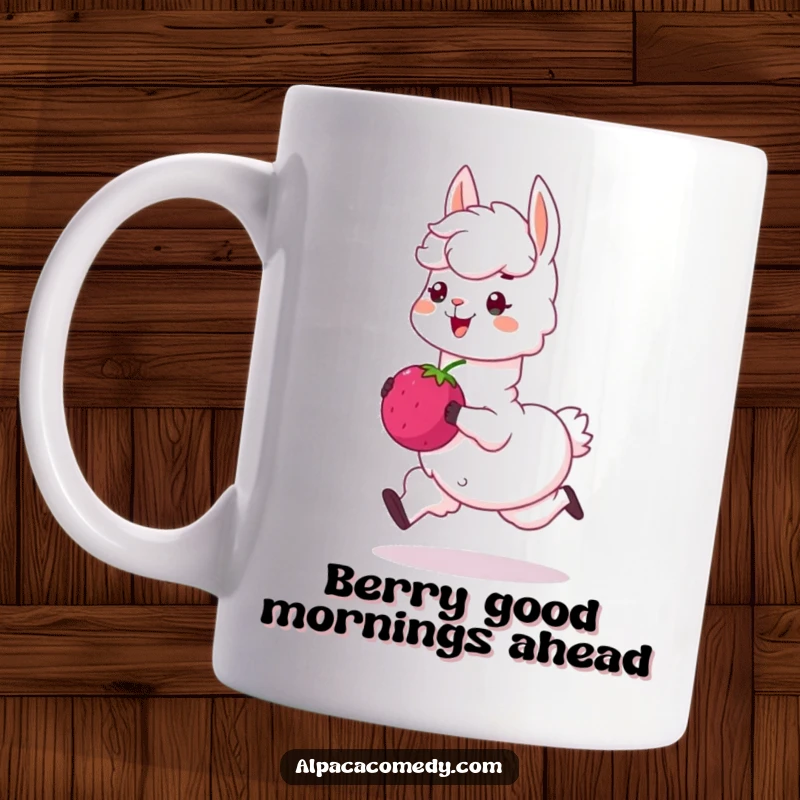 Funny mug: A cheerful alpaca character joyfully skips with a huge, delicious berry, radiating happiness and sweetness.