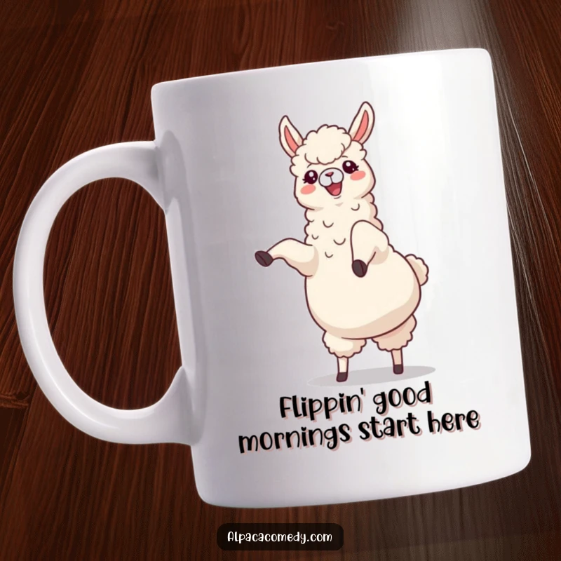 Funny Alpaca Mug: A cheerful alpaca doing a cartwheel with legs kicking joyfully upwards, radiating pure happiness and fun.