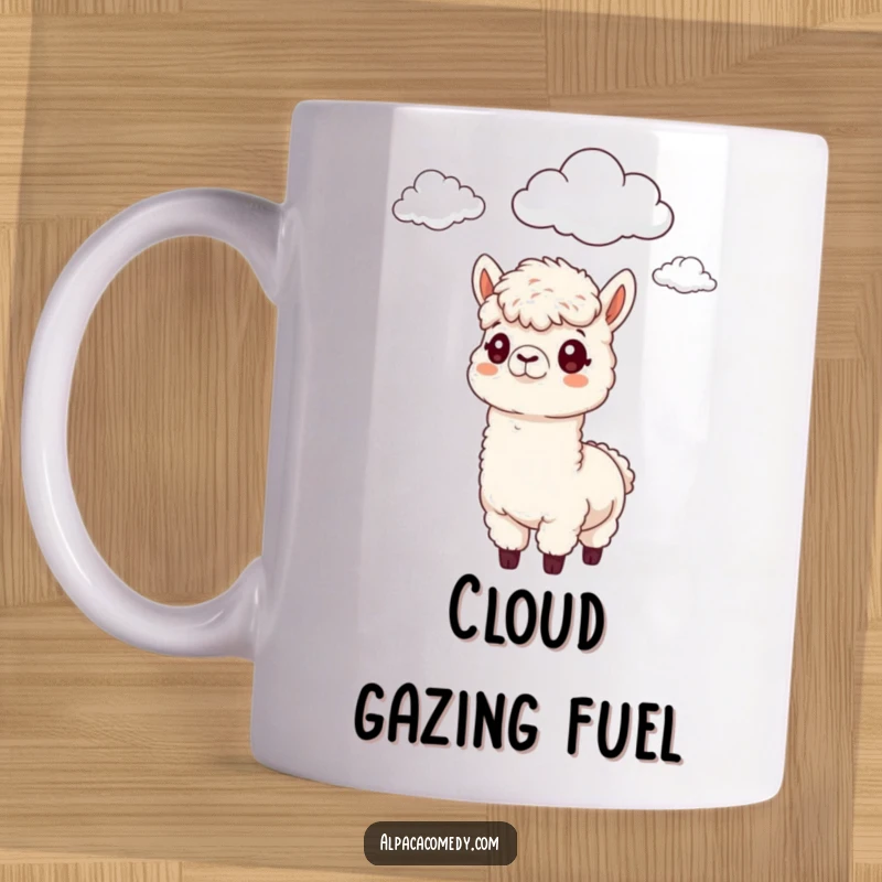 Funny Alpaca Mug: A curious alpaca looking upwards, observing fluffy clouds drifting peacefully in the sky.