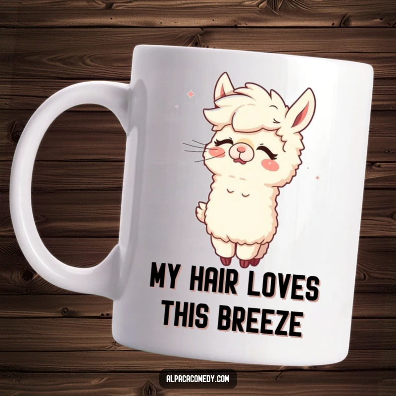 Funny Alpaca Mug: Adorable alpaca giggling joyfully as a gentle wind playfully grooms its fluffy fleece.