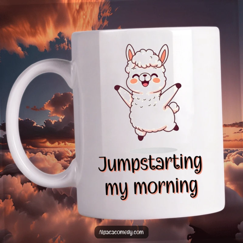 Funny mug showcasing an alpaca character jumping with extreme joy, its wool flying dynamically in the air, capturing pure exhilaration.