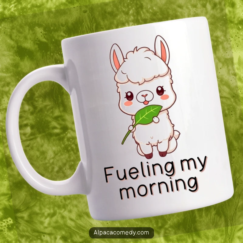 Funny Alpaca Mug: A content alpaca happily munching on a delicious green leaf with a look of pure satisfaction.
