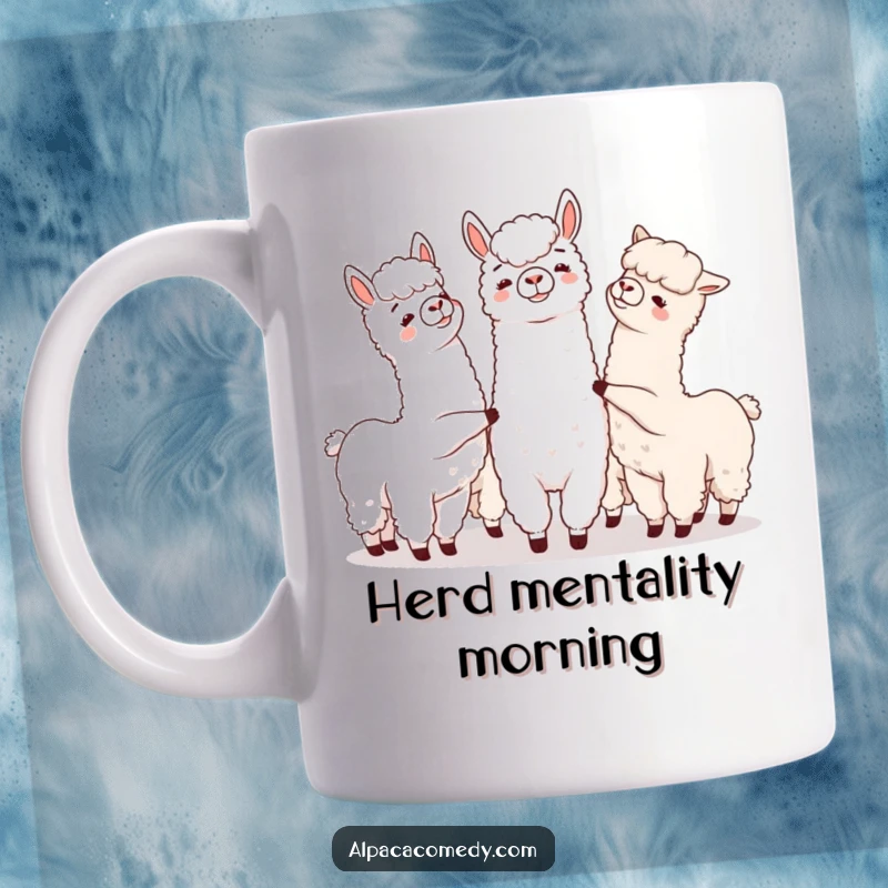 Funny mug showing a group of charming alpacas playfully nudging each other, capturing a sweet moment of camaraderie.