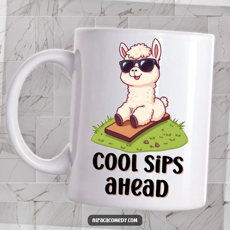 Funny mug showing a relaxed alpaca wearing sunglasses, hilariously sliding down a green grassy hill with a carefree attitude.