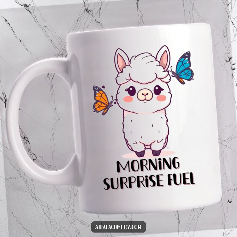Funny Alpaca Mug: An alpaca with wide, surprised eyes reacts to a beautiful butterfly fluttering playfully nearby.