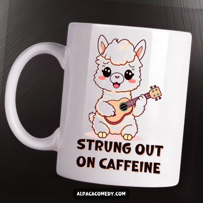 Funny Alpaca Mug: A cheerful alpaca plays a tiny ukulele with its hooves, radiating pure joy and musical talent.
