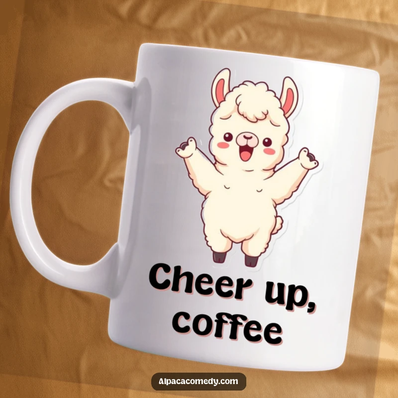 Funny mug featuring an alpaca character enthusiastically cheering with both front legs raised high in celebration and excitement.