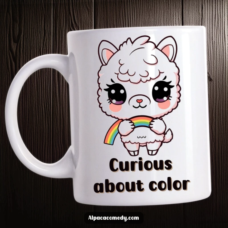 Funny mug featuring a curious alpaca with wide eyes gently holding a vibrant, colorful rainbow, symbolizing hope and magic.