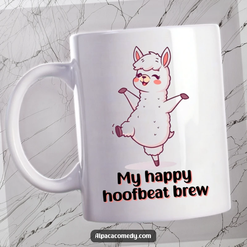 Funny mug featuring a joyful alpaca character dancing with happy hooves tapping rhythmically to an unseen beat, bringing pure delight.