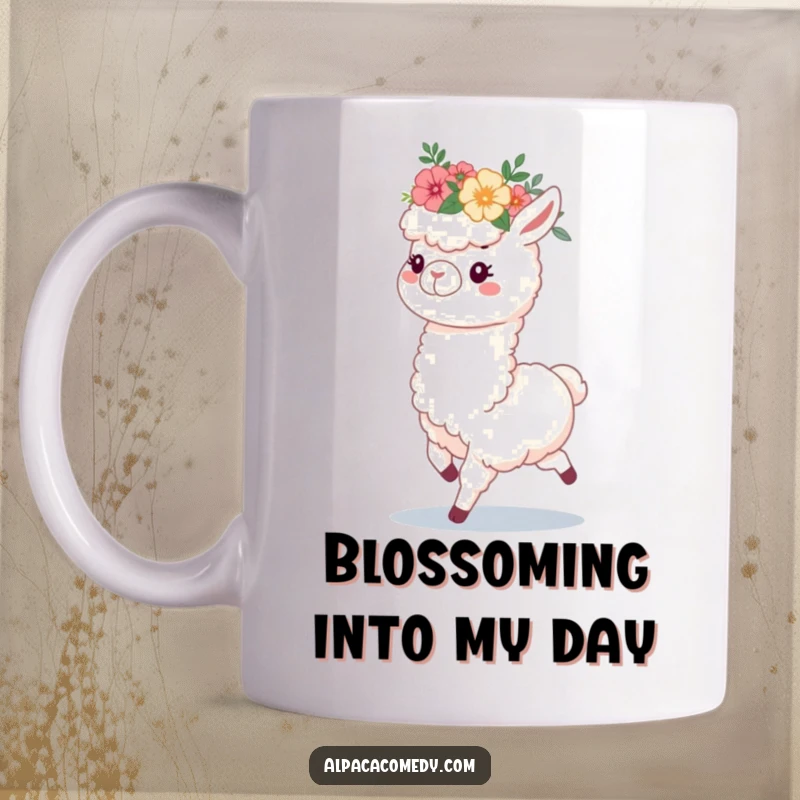Funny mug featuring a fluffy alpaca with a vibrant flower crown prancing joyfully on a sunny day.