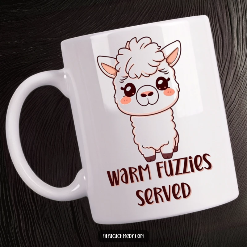 Funny mug featuring a friendly alpaca giving a soft, gentle nuzzle with its snout, conveying warmth, affection, and kindness.