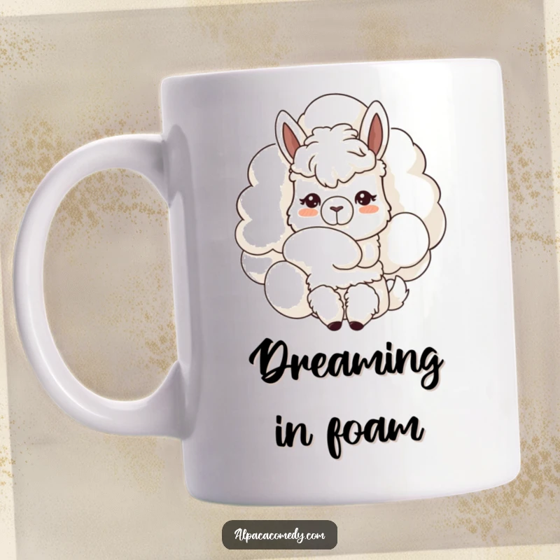Funny Kawaii alpaca mug, curiously nuzzling a giant fluffy cloud, gentle expression radiating wonder and tranquility.