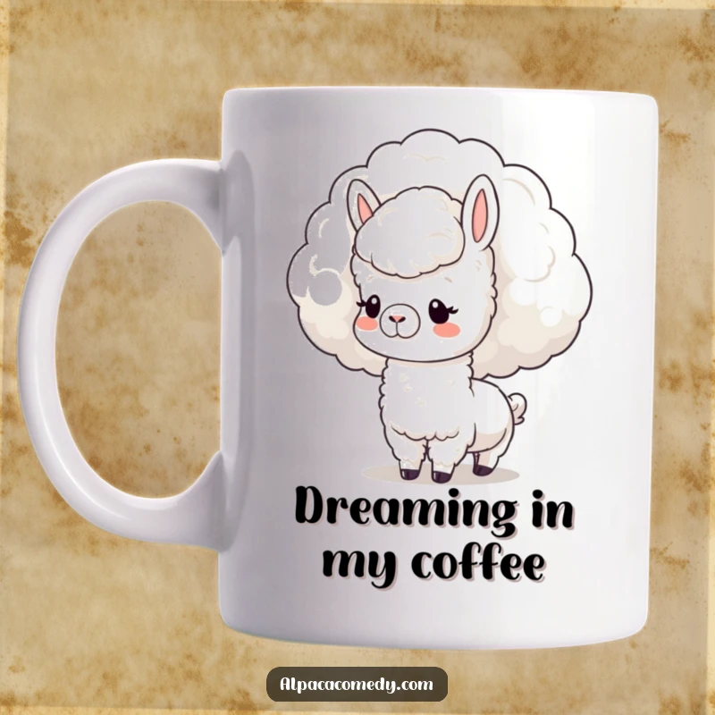 Funny Mug: Gentle kawaii alpaca with soft eyes, curiously nuzzling a giant fluffy cloud, embodying peaceful wonder.