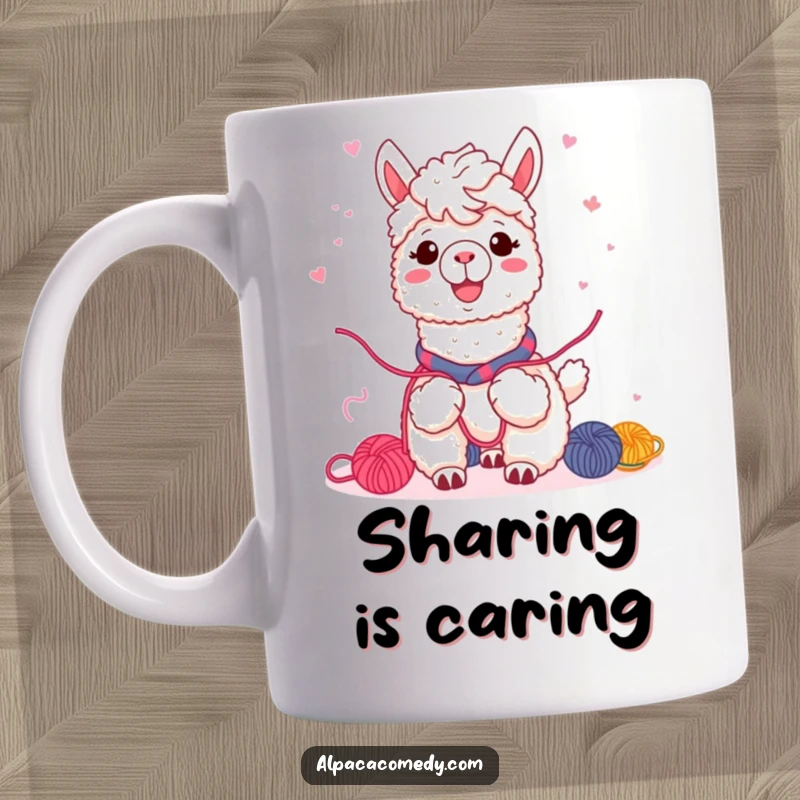Funny Kawaii alpaca mug, enthusiastically sharing colorful yarn with friends, warm smile conveying joy and generosity in connection.