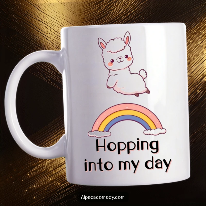 Funny Kawaii Alpaca Mug depicting a joyful alpaca leaping over a vibrant rainbow with pure delight, perfect for a humorous and uplifting gift.