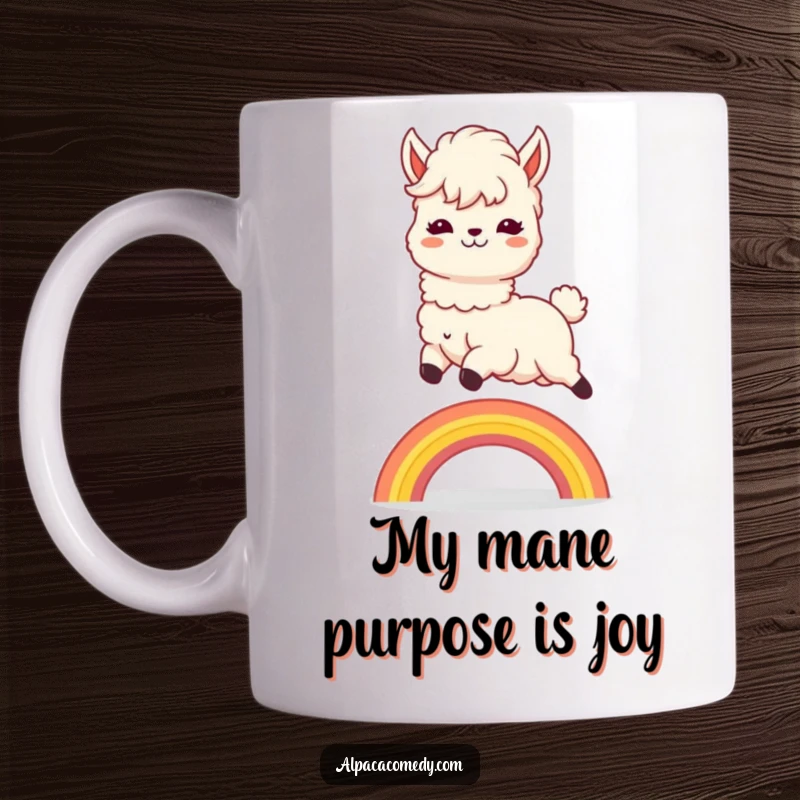 Funny Mug: Kawaii alpaca joyfully leaping over a vibrant rainbow, mane flying, expressing pure, unadulterated happiness.