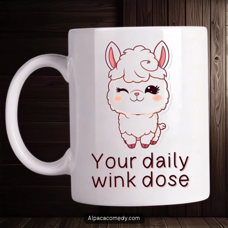 Funny Kawaii Alpaca Mug featuring a cute alpaca winking with long eyelashes, exuding charm and playfulness.