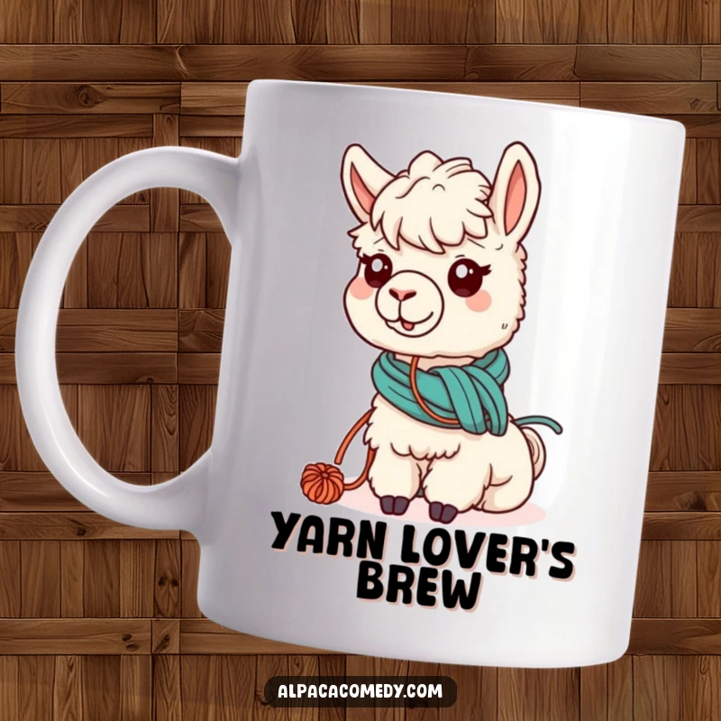 Funny kawaii mug showing an adorable alpaca with yarn wrapped around its neck, contentedly grazing in a grassy field.