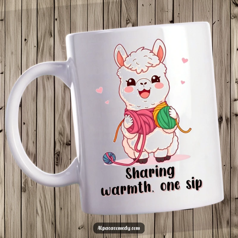 Funny Mug: Cheerful kawaii alpaca with a warm smile, enthusiastically sharing colorful yarn with friends, embodying friendship.