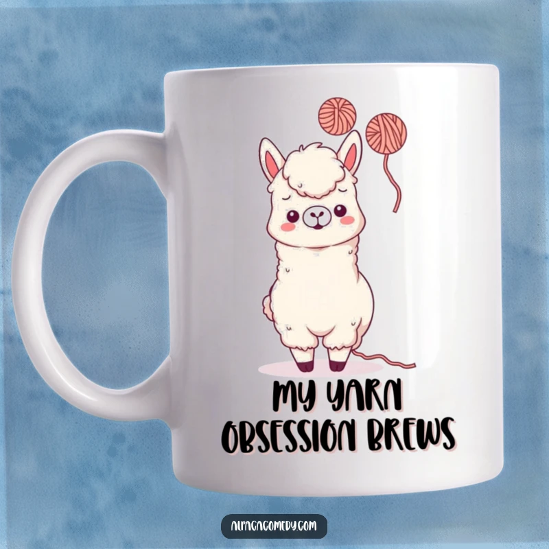 Funny Kawaii Alpaca Mug depicting a playful alpaca tossing a ball of yarn in the air with delight, perfect for a humorous and engaging gift.
