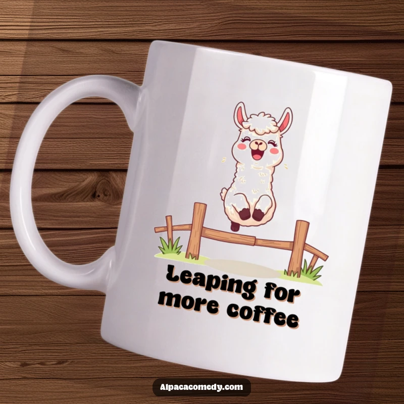 Funny mug featuring an excited alpaca character leaping energetically over a small fence with a happy, cheerful bleat.