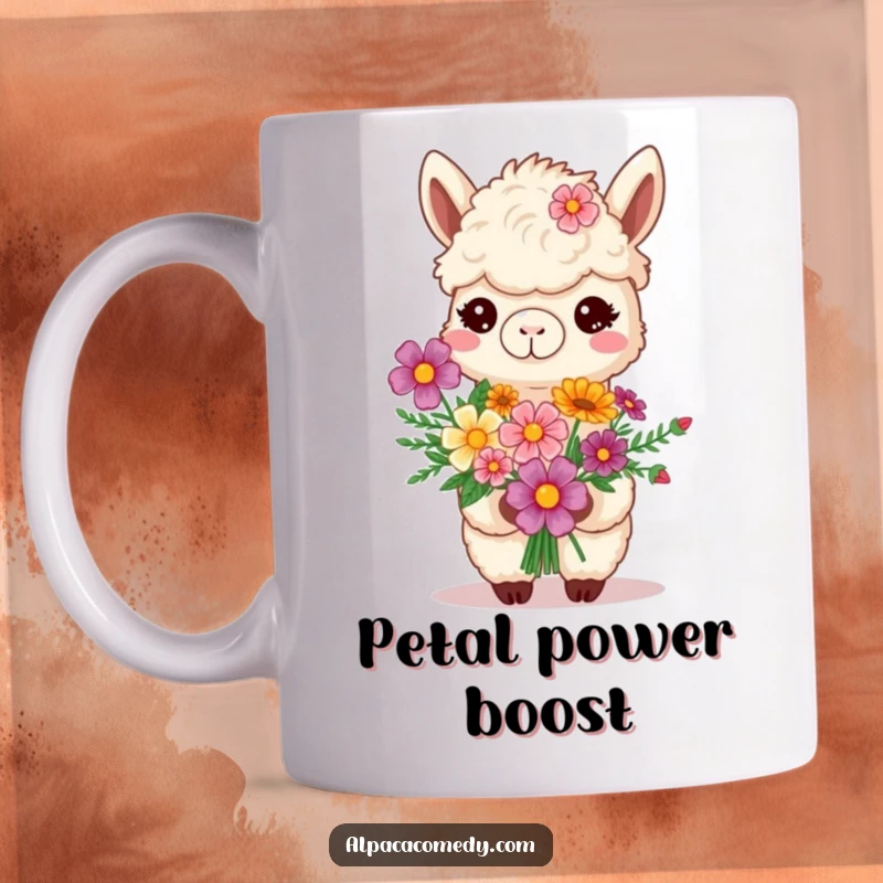 Funny smiling alpaca proudly holding a vibrant bouquet of flowers, depicted on a mug for a heartwarming and humorous gift.