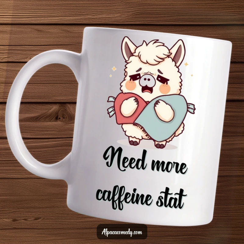 Funny mug featuring a very tired alpaca yawning widely while clutching a soft, cozy blanket, embodying ultimate relaxation and sleepiness.