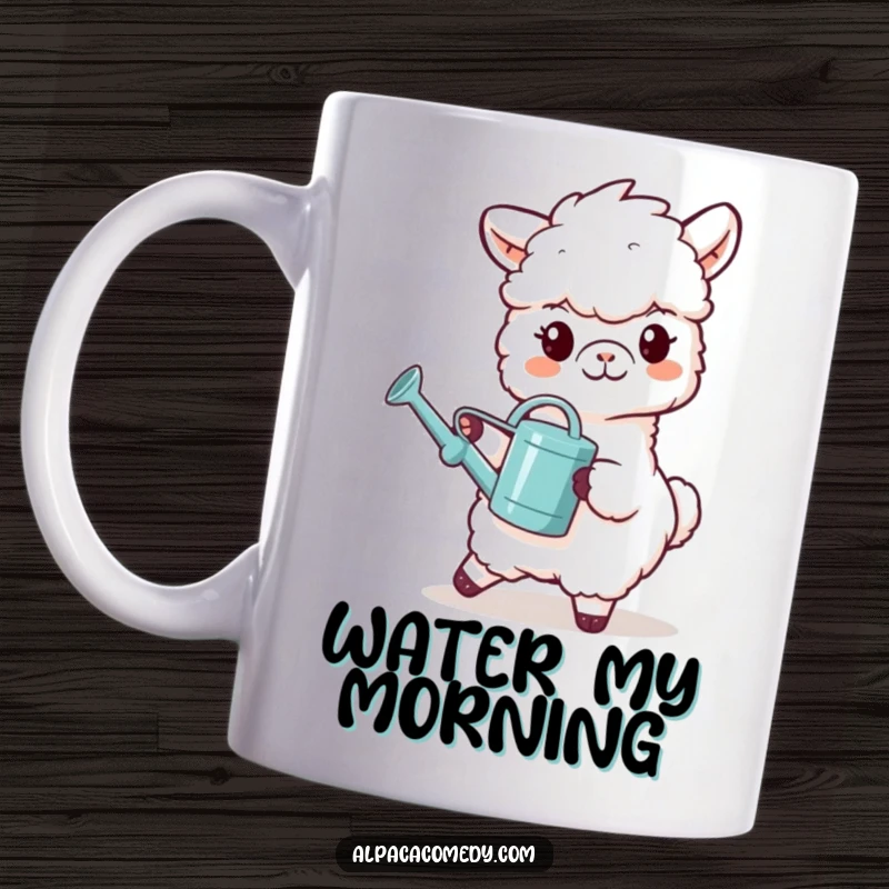 Funny mug featuring an alpaca character with a cheerful grin, carefully carrying a tiny watering can, ready to tend to plants.
