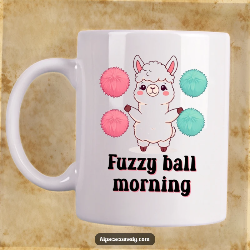Funny mug featuring an alpaca character skillfully juggling three colorful, fuzzy pom-poms with a concentration and a hint of mischief.
