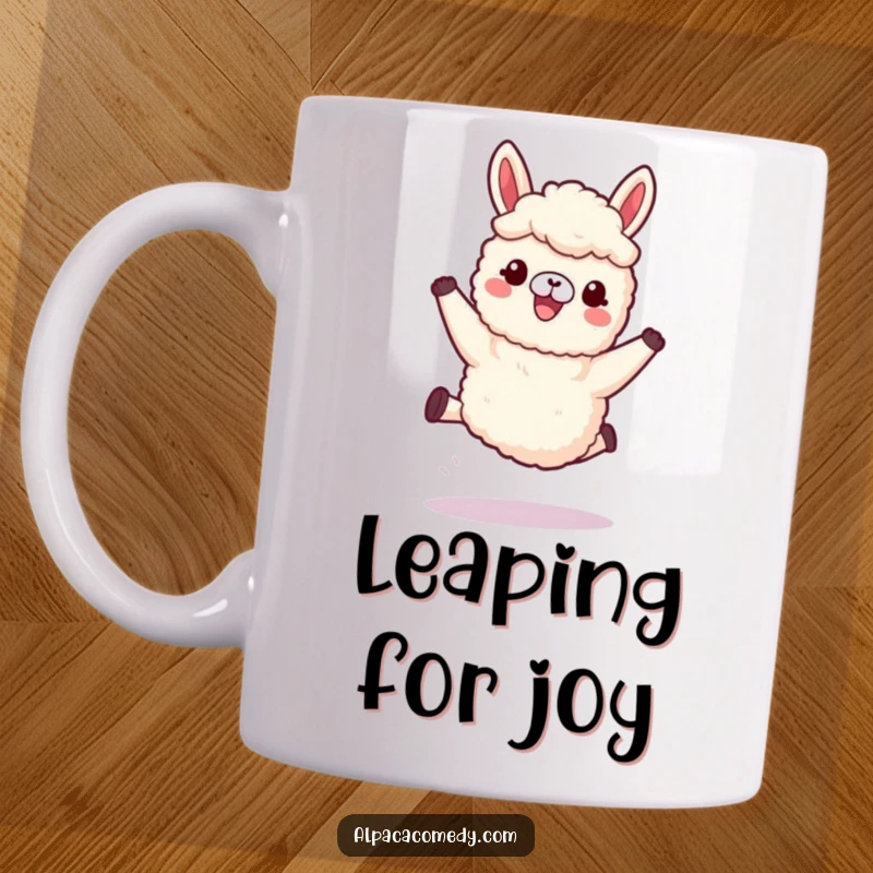 Funny Kawaii Alpaca Mug featuring a happy alpaca joyfully leaping with soft, woolly legs, capturing pure excitement.
