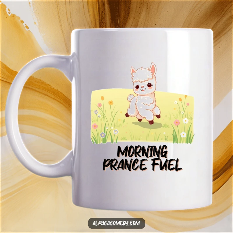 Funny mug featuring an adorable baby alpaca joyfully prancing through a lush green meadow, radiating happiness.