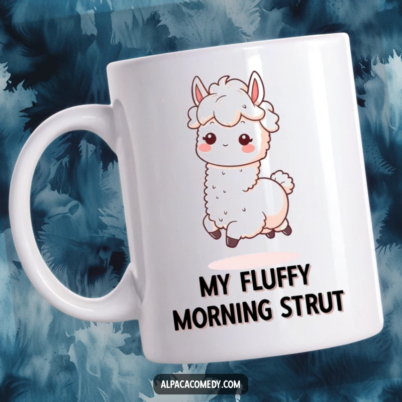 Funny Kawaii Alpaca Mug featuring a happy alpaca with a fluffy mane prancing with pure delight, perfect for animal lovers.