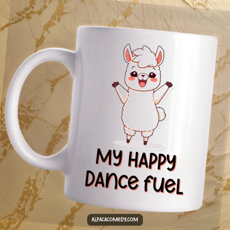 Funny mug featuring a happy alpaca character joyfully dancing with its fluffy mane tossed high in the air, radiating pure bliss.