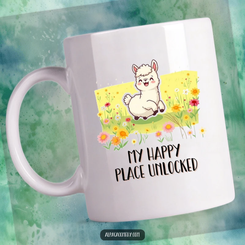 Funny mug featuring a joyful alpaca happily rolling in a vibrant field of colorful wildflowers, expressing pure delight and carefree fun.