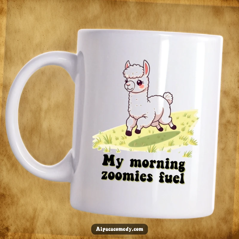 Funny Alpaca galloping across a field, fleece blowing in the wind, depicted on a mug for a humorous gift.
