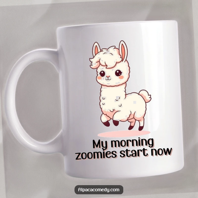 Funny Kawaii Alpaca Mug featuring a fluffy-maned alpaca prancing with pure, unadulterated joy and enthusiasm for a fun gift.