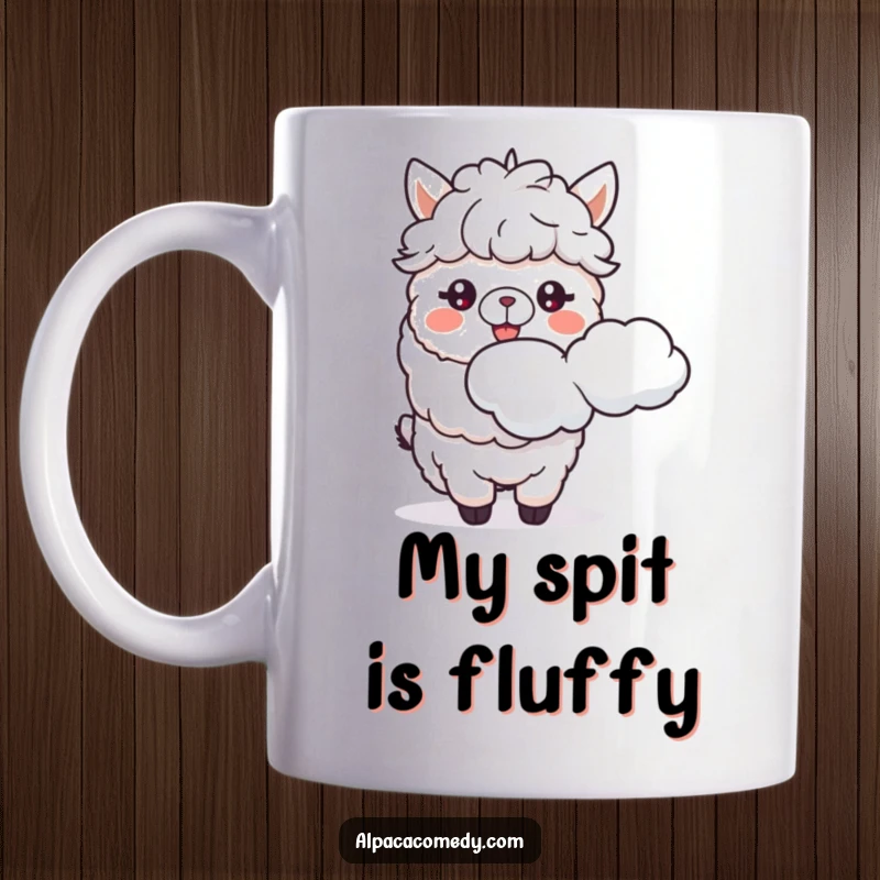 Funny mug featuring a happy alpaca character joyfully spitting a fluffy white cloud, expressing lighthearted fun and unique humor.