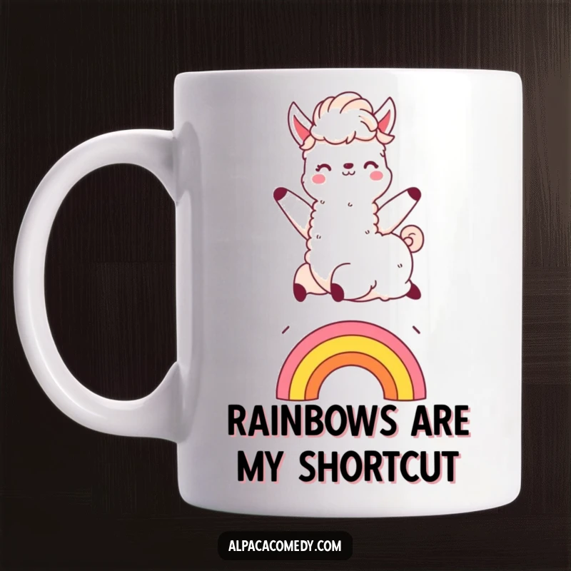 Funny Kawaii alpaca mug, gleefully leaping over a small rainbow with its fluffy mane flying, exuding pure joy and a playful spirit.