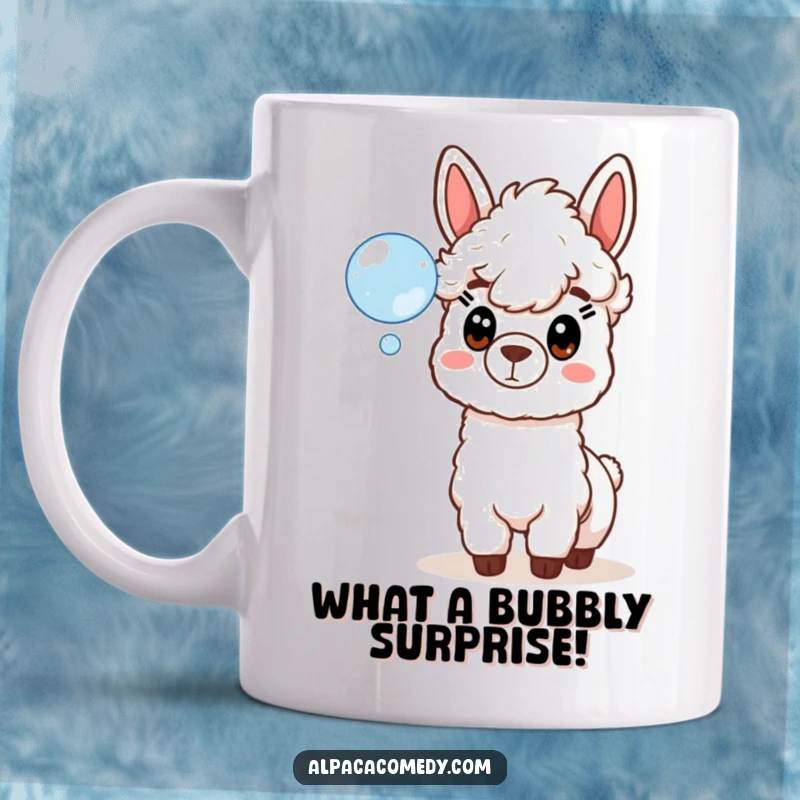 Funny mug showing a wide-eyed alpaca looking utterly shocked at a floating, iridescent soap bubble, perfect for gift-givers.