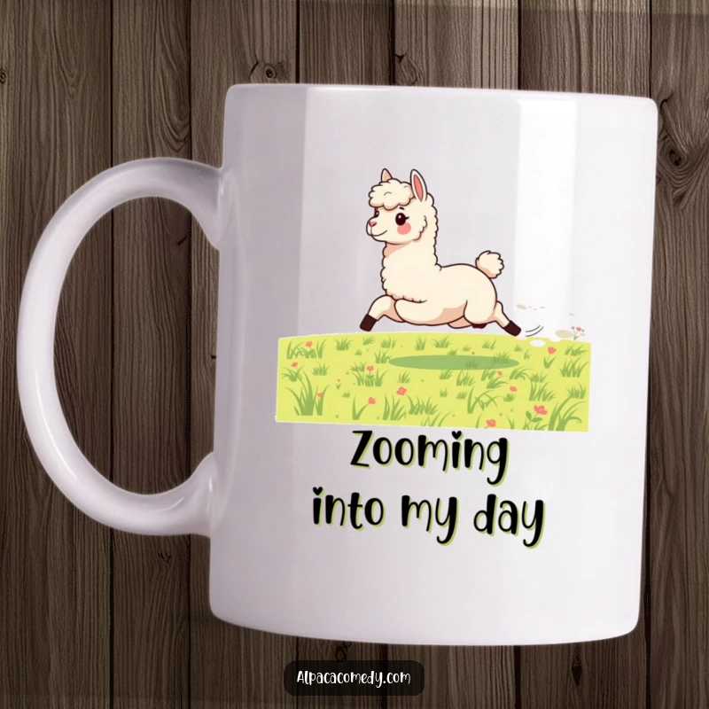 Funny mug showing an energetic alpaca galloping at high speed across a lush green meadow, full of life and motion.