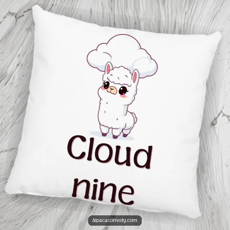 Funny pillow featuring a curious alpaca looking thoughtfully at a fluffy cloud, perfect for adding a cozy, dreamy touch.