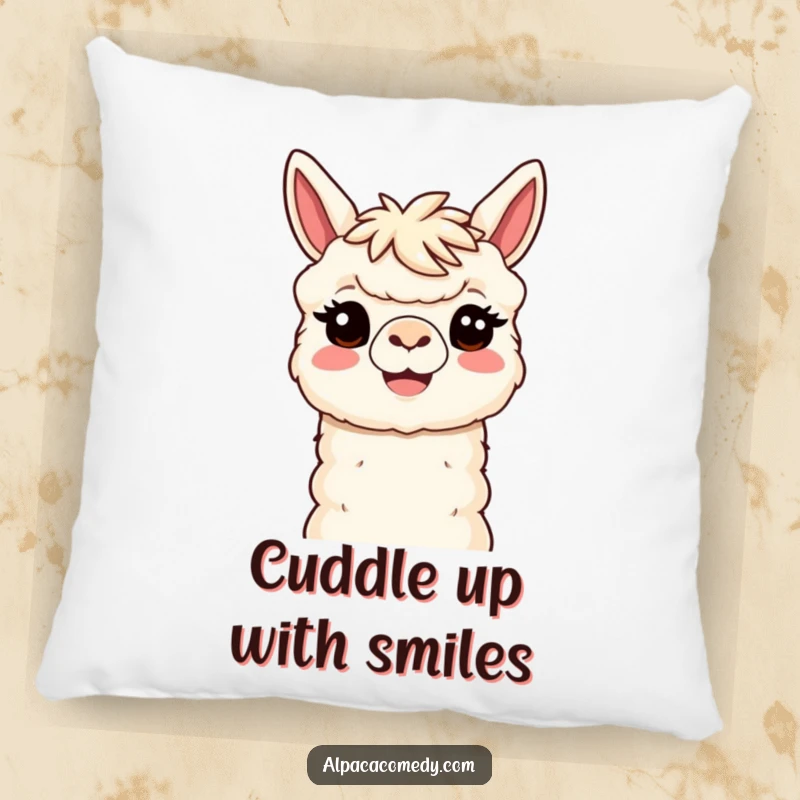 Funny Kawaii Alpaca Pillow featuring a smiling alpaca with a welcoming head tilt, offering plush comfort and a humorous, cheerful touch.