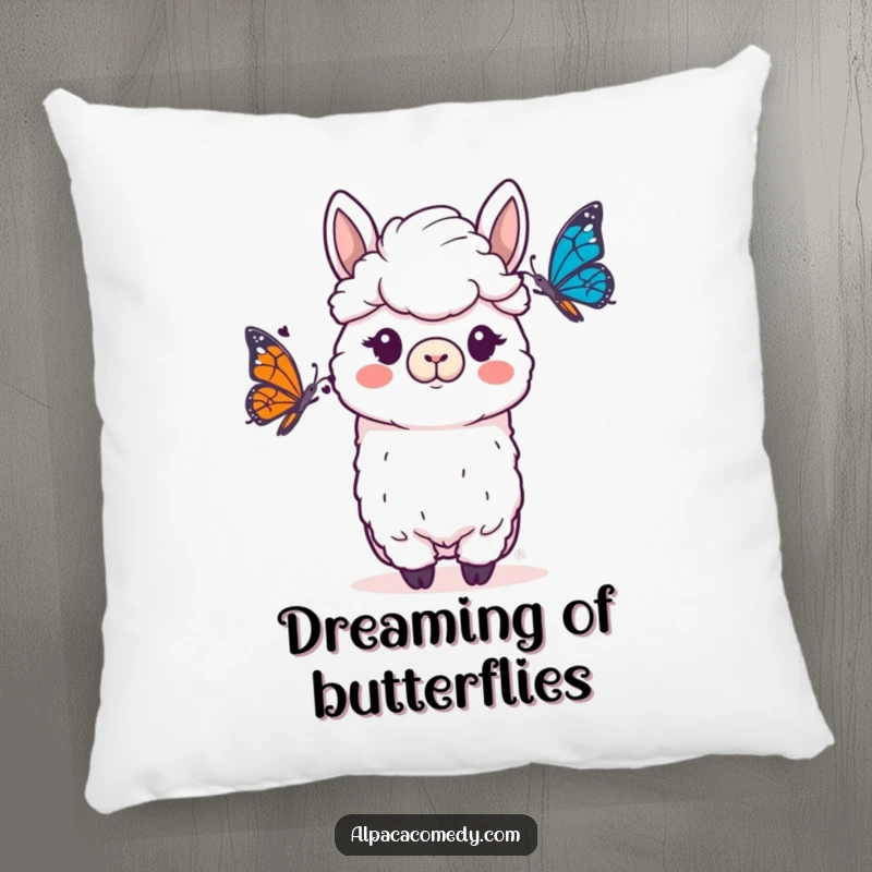 Funny Alpaca Pillow: A plush alpaca with a funny, startled expression meeting a delicate, fluttering butterfly.