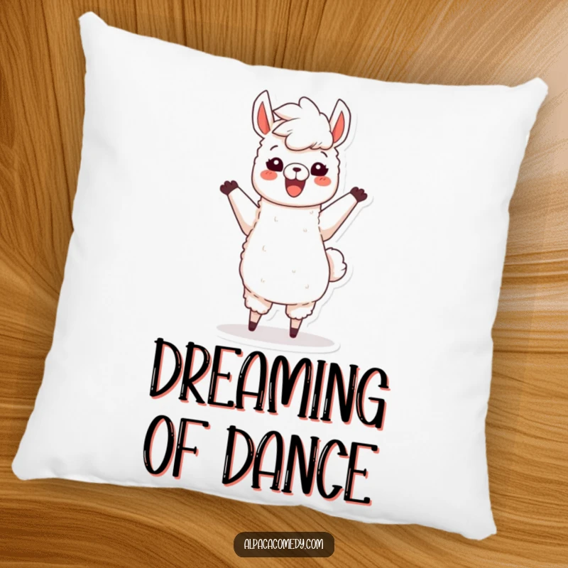 Funny pillow featuring a happy alpaca character in a joyful dance pose, fluffy mane flowing, adding a touch of whimsical comfort.