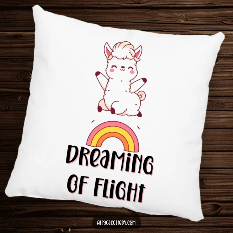 Funny Kawaii alpaca pillow, depicting a joyful leap over a rainbow with a fluffy mane, perfect for adding a touch of whimsy and comfort.
