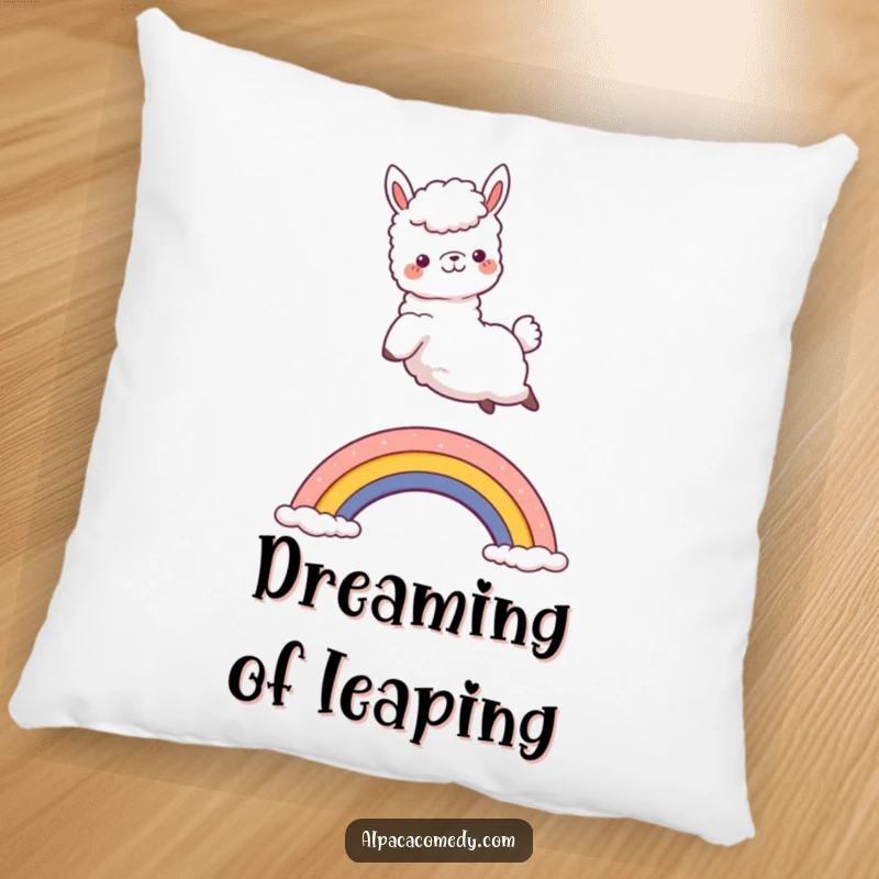 Funny Kawaii Alpaca Pillow featuring a joyful alpaca jumping over a rainbow, offering plush comfort and a humorous, delightful touch.