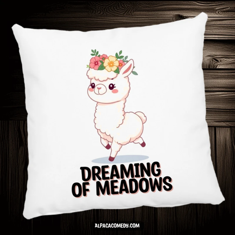 Funny throw pillow featuring a fluffy alpaca wearing a flower crown, prancing with happiness, perfect for a cozy and cheerful home.